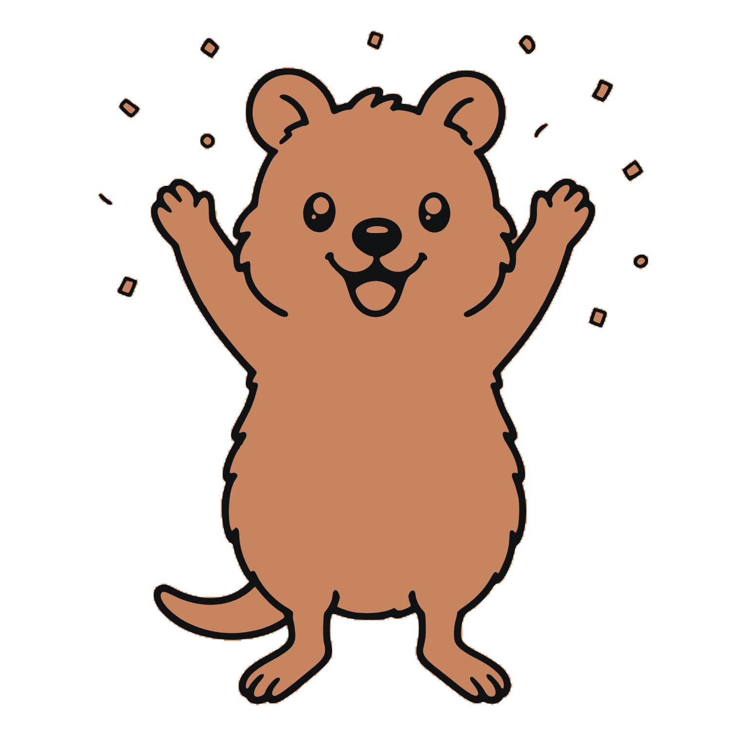 A cocoa quokka celebrating with arms raised