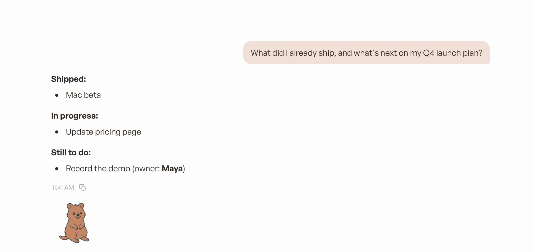 A rotli chat answering “What did I already ship, and what’s next on my Q4 launch plan?” with shipped, in-progress, and still-to-do lists drawn from the notes