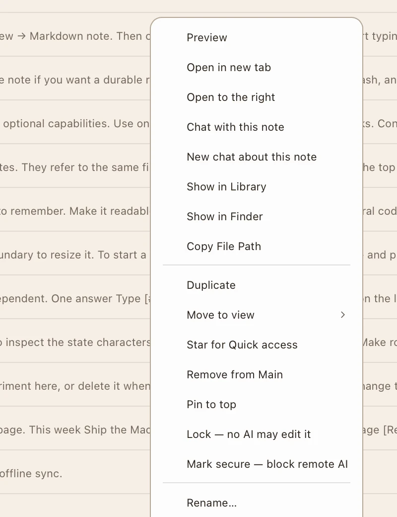 A note’s right-click menu in rotli with “Lock — no AI may edit it” and “Mark secure — block remote AI”