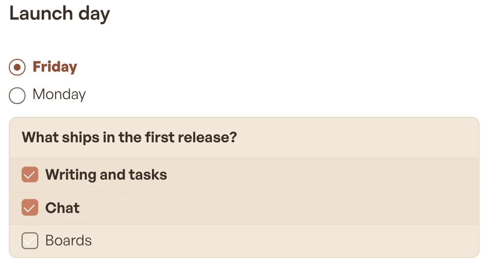 A single-choice pair with Friday selected, and a panel asking what ships in the first release with two of three options checked