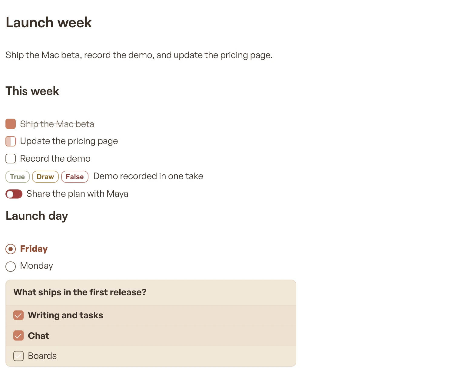 A note called Launch week with tasks in three states, result buttons, a switch, a single choice, and a checklist panel