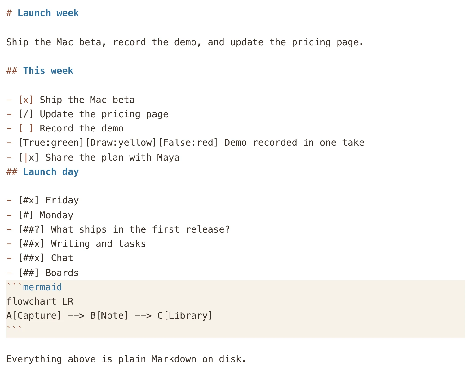 The same note in raw Markdown: headings, task brackets, result and choice markers, and a Mermaid fence