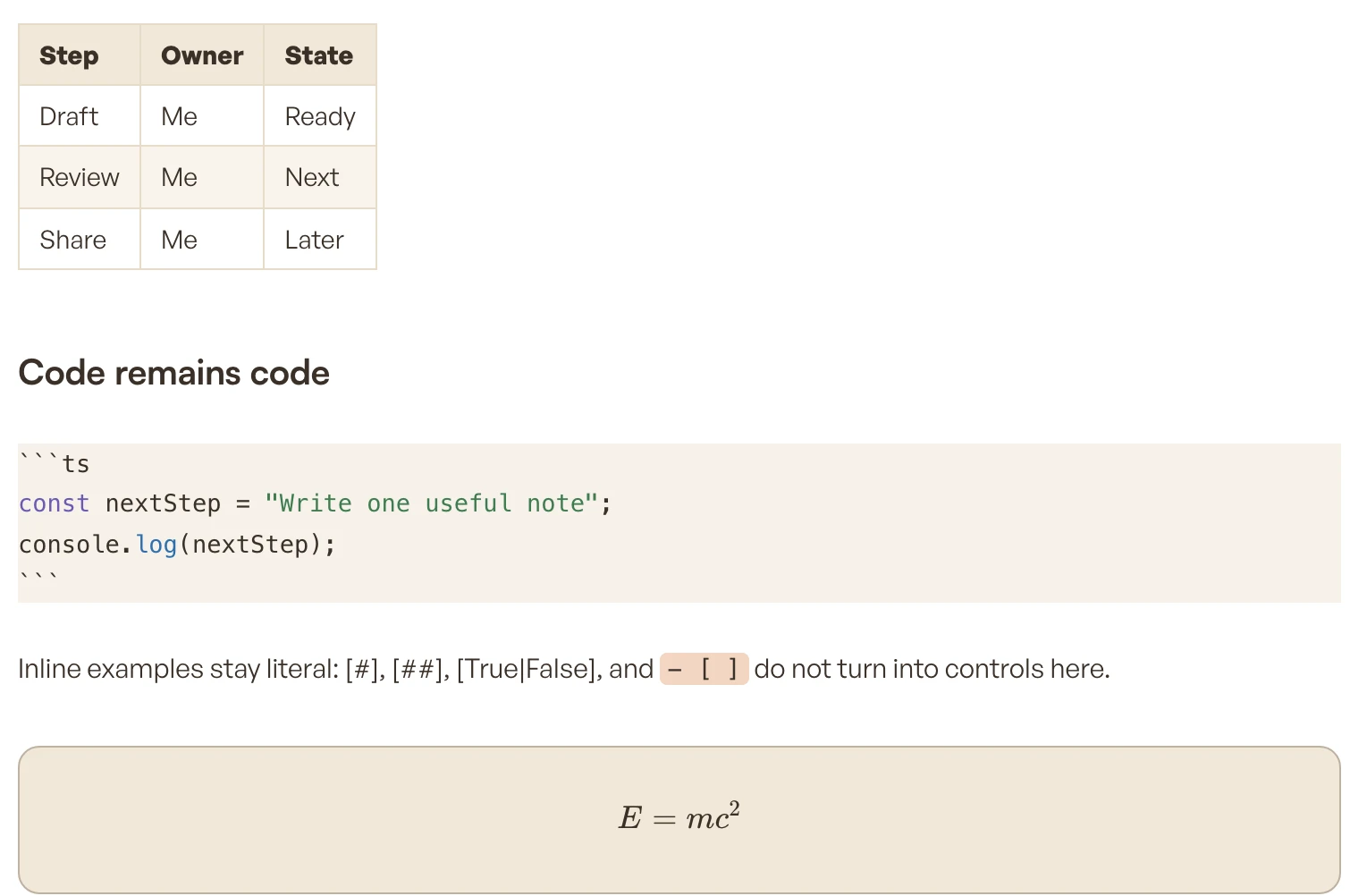A three-column table, a TypeScript code block, and a rendered E = mc² equation