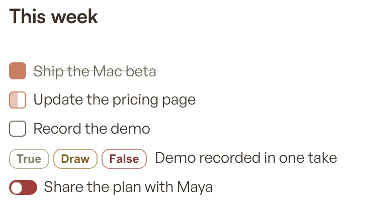 Three tasks in done, in-progress, and open states, a row of True, Draw, and False result buttons, and a switch